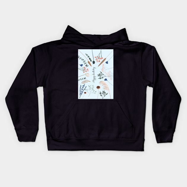 Happy birthday, floral dried flowers and pampas Kids Hoodie by Highdown73